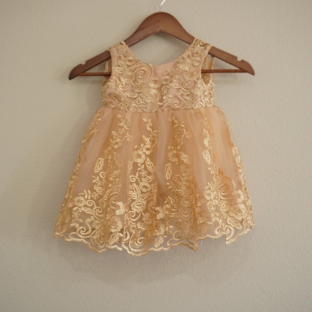Baby 12M Gold Lace Flower Girl Dress Sleeveless Tulle Embroidery Formal Wedding